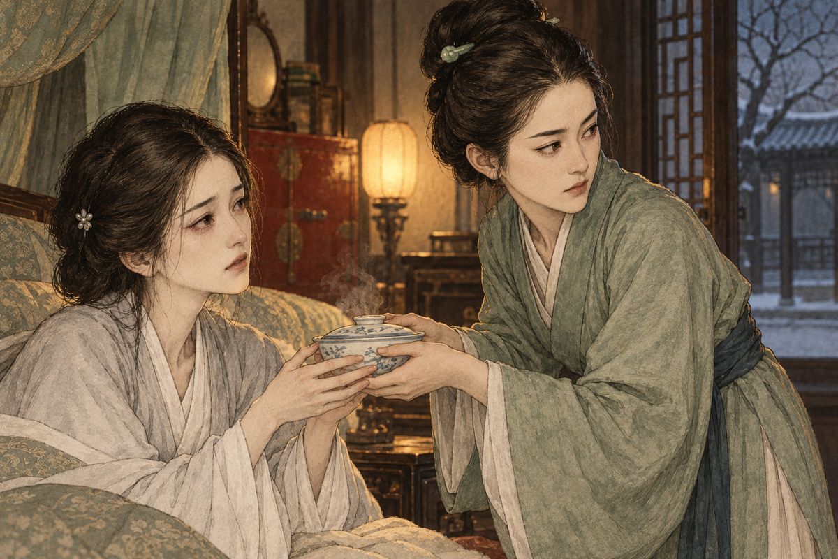 Xifeng feigned illness and sent Erjie food no one could eat. Only Pinger, with her own money, had dishes made, or took her 'walking' in the Garden to feed her soup there. When Qiutong told tales, Xifeng called Pinger a cat that bites the hens, and Grandmother Jia, fed Qiutong's lies, came to think Erjie a jealous schemer.