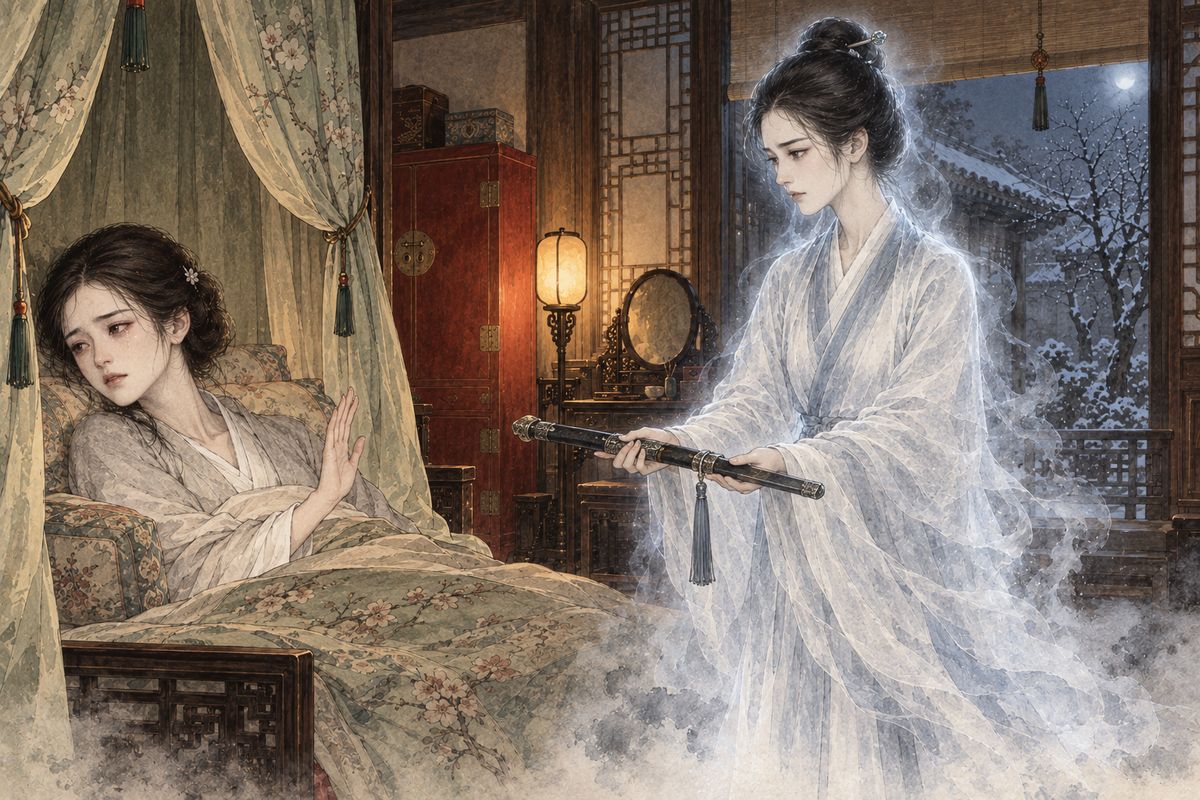 Within a month Erjie was sick and wasting, though three months with child. One night Sanjie came to her in a dream bearing the mandarin-duck sword, urging her to cut down the jealous woman and return with her to the Fairy of Disenchantment. Erjie wept and refused: her own past had earned this, and she would add no killing. Sanjie sighed and vanished.
