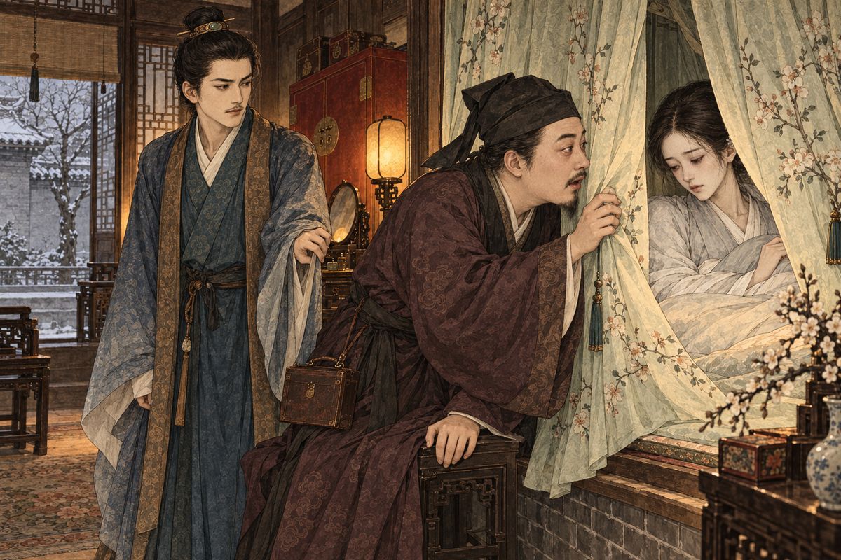 Dr Wang was away with the army, so the pages fetched one Dr Hu Junrong. He insisted on seeing the patient's face, and at a glimpse through the parted curtain his wits flew away. He declared it no pregnancy, only blocked blood, and prescribed a purge. By midnight Erjie had miscarried a fully formed boy and lay bleeding senseless; Dr Hu had already fled.
