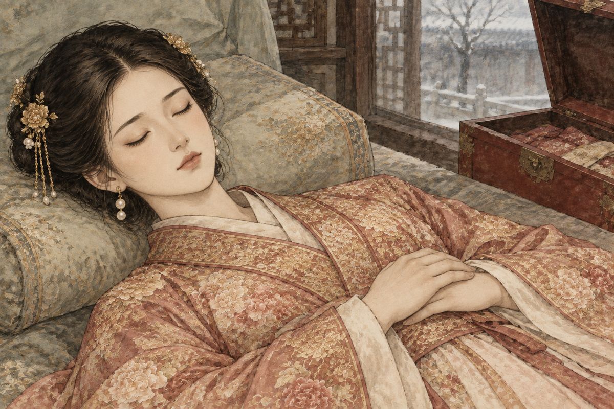 Xifeng burned incense for Erjie's recovery while Qiutong raged beneath the window that the child had been a bastard. Knowing she would never mend, Erjie took a lump of raw gold from her chest and, weeping, forced it down. Then she dressed herself in her finest clothes and jewels and lay down. In the morning the maids found her dead, lovelier than in life.