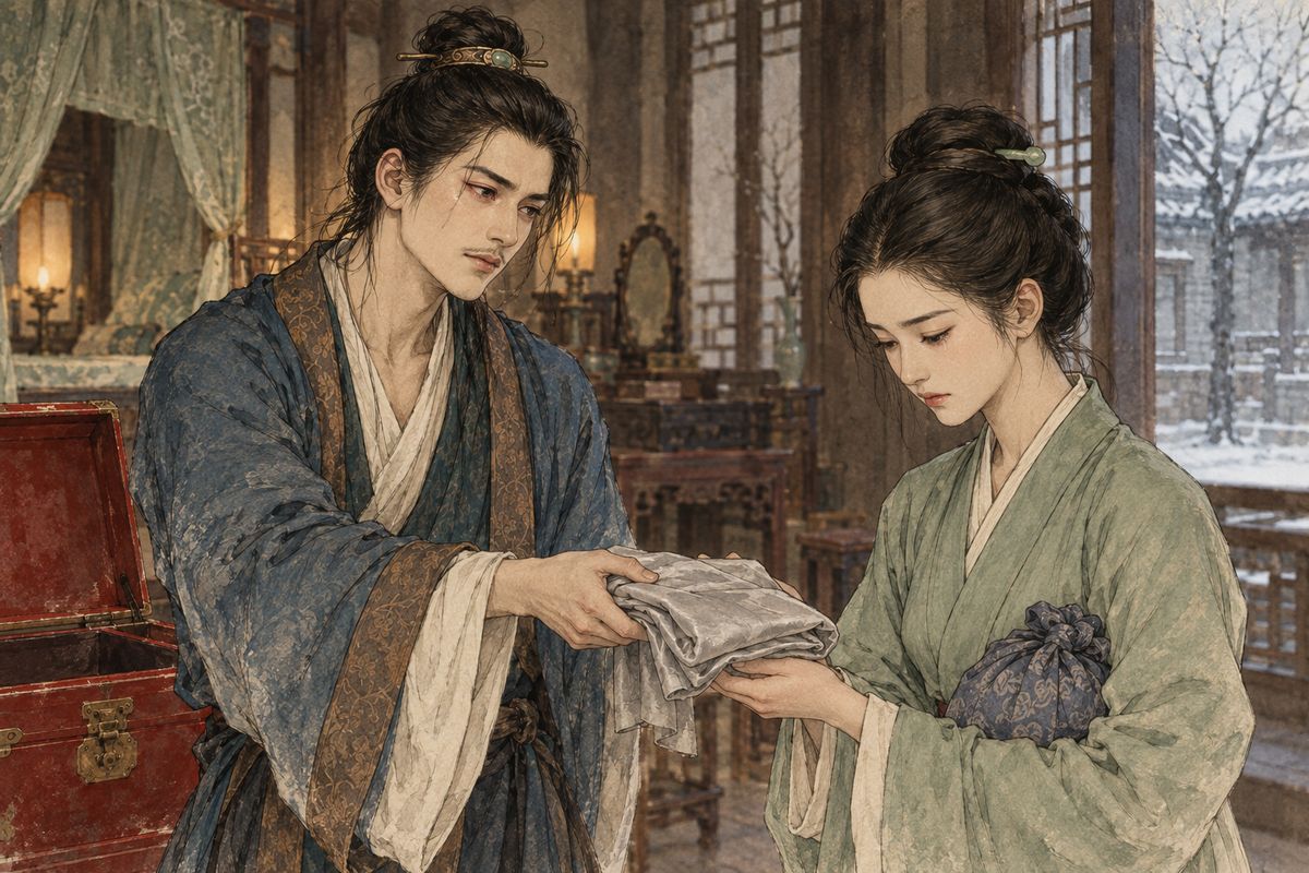Jia Lian clung to her body and wept, but Xifeng pleaded poverty and gave him barely thirty taels. Erjie's chests held only broken hairpins and old clothes. Pinger secretly brought him two hundred taels, and in return he pressed on her one of Erjie's plain everyday skirts: 'Keep it for me, as something to remember her by.'