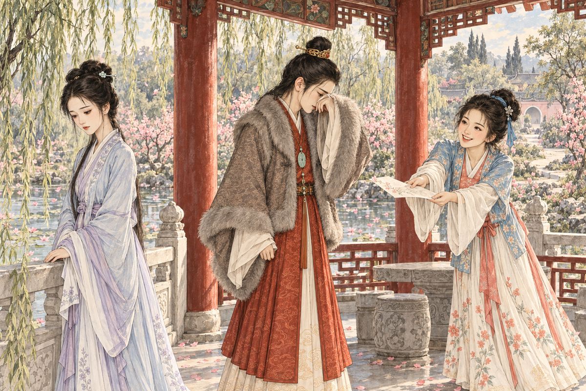 The poetry club had lain idle for a year while the household reeled from one death to the next. One spring morning the girls called Baoyu to Qinfang Pavilion to read a new poem, 'Song of the Peach Blossom'. He knew at once it was Daiyu's and turned away to wipe his tears. They renamed the club the Peach Blossom Club and made Daiyu its head.
