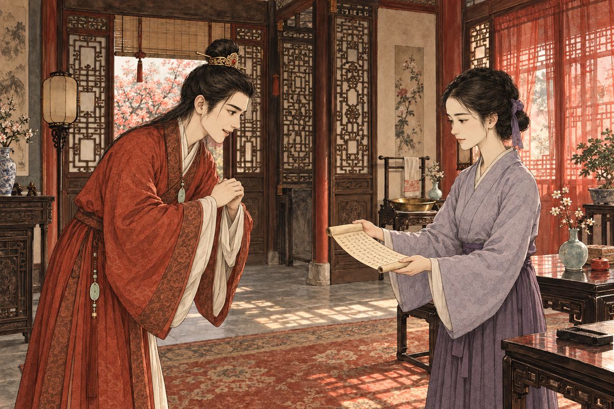 Word came that Jia Zheng would be home by summer and would check Baoyu's calligraphy, and there was far too little of it. Tanchun and Baochai each copied a page for him every day. Then Zijuan brought a whole roll of tiny formal script on old bamboo paper, written by Daiyu to look like Baoyu's own hand. He bowed to Zijuan in delight.