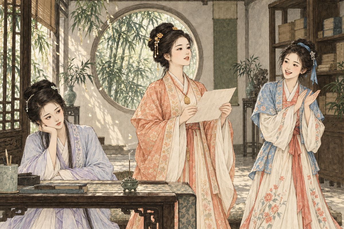 Then a tidal wave struck the coast, and Jia Zheng was ordered to oversee the relief, which would keep him away until winter, so Baoyu dropped his studies again. In late spring the club wrote lyrics on willow catkins. The others mourned their drifting, but Baochai made them rise: 'A good wind, lend me strength, to lift me to the blue clouds!'