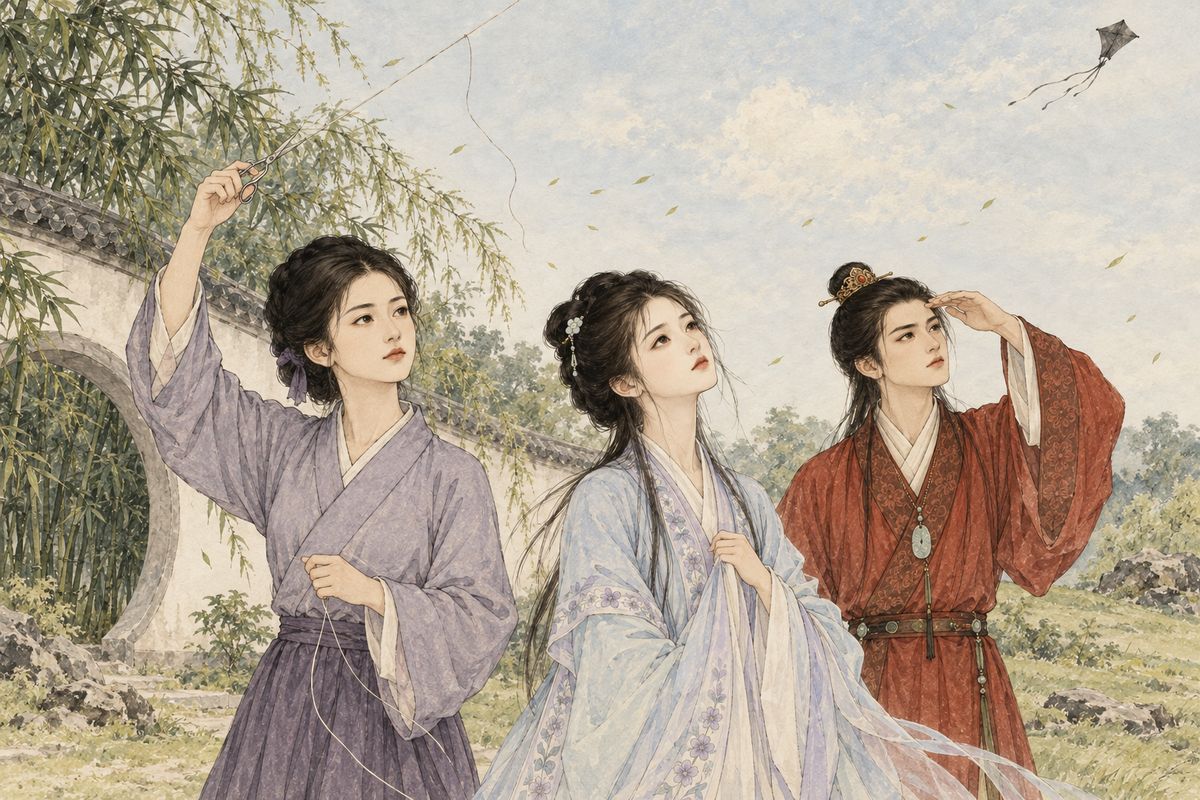 A stray kite snagged in the bamboo, and the girls brought out their own to fly away their bad luck. When Daiyu's kite pulled hard, Zijuan cut the string with small silver scissors so that it would 'carry off all your illness'. It shrank to a black speck and was gone. Baoyu cut his own loose to keep hers company.