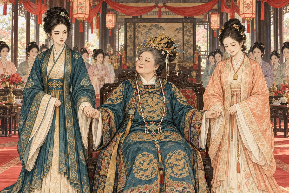 Jia Zheng came home at last, and for Grandmother Jia's eightieth birthday both mansions held banquets for days, with gifts arriving from the palace and from princes. In the garden the Dowager Princess of Nan'an asked to meet the girls. She took Tanchun's hand in one of hers and Baochai's in the other, and praised them all.