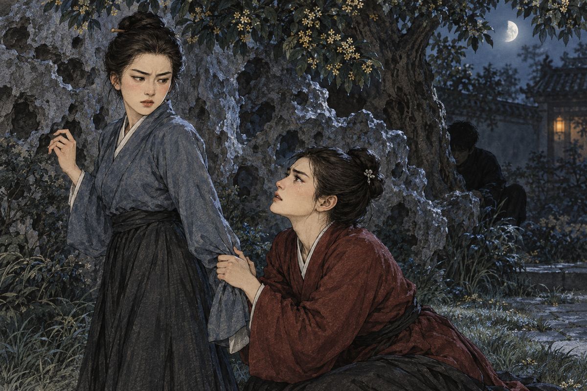 Late that night Yuanyang was crossing the dark garden alone and stepped behind a rockery under a big osmanthus tree. Two figures started up. One was Siqi, Yingchun's maid, and the other looked like a young manservant. Siqi fell to her knees in tears. 'Our lives are in your hands, sister!' Yuanyang promised she would tell no one.