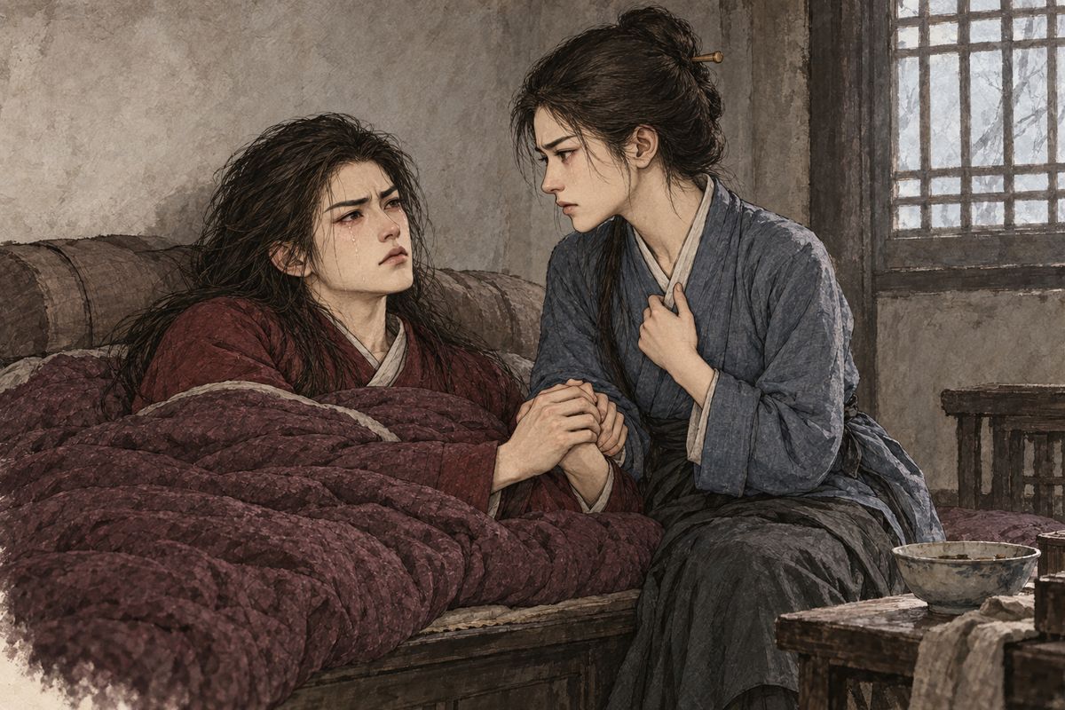 Siqi's lover had fled, and she fell gravely ill, sure Yuanyang would betray them. Yuanyang came, sent everyone out, and swore she would tell no one. Siqi seized her hand and wept that they had grown up together: "If you keep this, you are like my own mother." Soon both maids were crying.