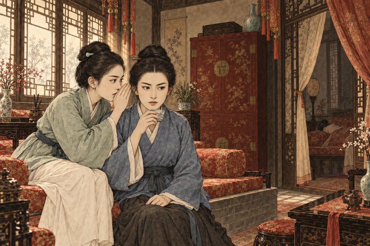 On her way back Yuanyang called on Xifeng, who had looked listless for days. Xifeng was asleep, so Ping'er drew her into the east room and whispered the truth: for a month the bleeding had not stopped, yet her mistress refused a doctor and snapped at anyone who asked. Yuanyang feared it was the flooding sickness that had killed her own sister.