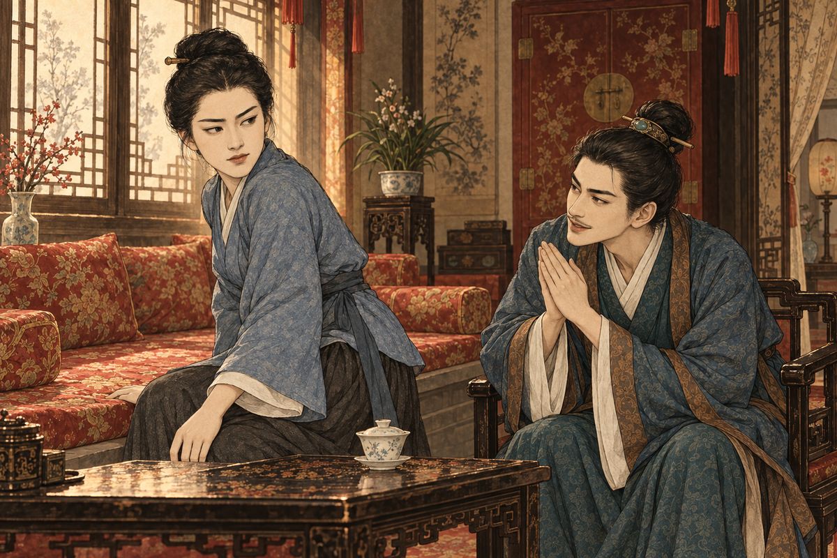Jia Lian came in, all smiles, and would not let Yuanyang leave. The birthday feast had drained thousands of taels, rents would not come until autumn, and gifts were due. Would she quietly carry out a chest of the old lady's gold and silver plate, which she would never miss, and pawn it? He swore to redeem it within half a year.