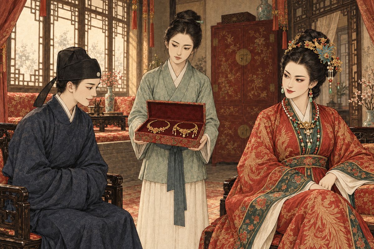 Xifeng, awake, bargained a share of the pawned silver for herself. Then a young eunuch arrived from the palace official Xia, asking to 'borrow' two hundred taels, with twelve hundred still owed. Xifeng laughed it off, and while Jia Lian hid in the inner room, she had Ping'er bring out two gold necklaces, pearl and kingfisher, fit for a palace, to pawn for the money.