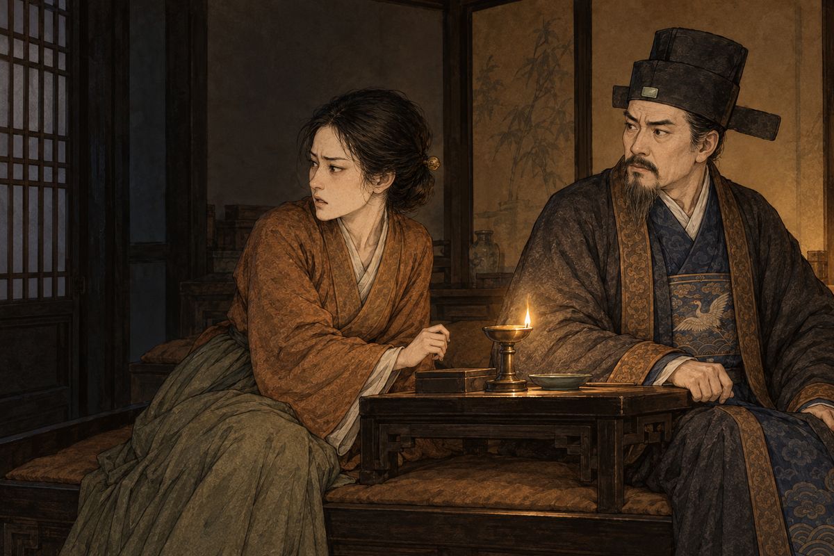 That night Concubine Zhao begged Jia Zheng to give Caixia to Jia Huan. He said the boys must study a year or two first; he had already picked a girl for each. "Baoyu has had one for two years already," she said. "Who gave her?" he demanded. She opened her mouth to answer, and a loud crash sounded outside.