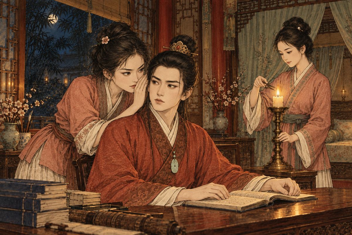 Warned by Concubine Zhao's maid that his father would examine him next day, Baoyu sat up all night cramming, and his maids kept the candles trimmed. When the maid Jinxing Boli screamed that a man had jumped from the wall, Qingwen saw a way out. "Seize the chance and play sick—say you had a fright."