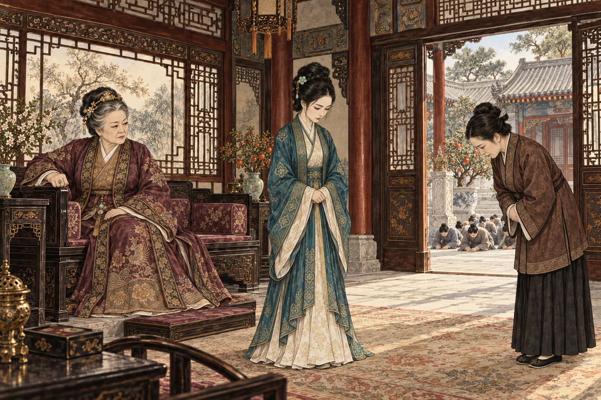The false alarm set the whole garden searching all night, and Grandmother Jia demanded to know why the night watch was so slack. Tanchun admitted the servants had been running gambling rings. The old lady had the dice burned and the ringleaders flogged and expelled; one of the three was Yingchun's own wet nurse, and she refused all pleas for mercy.