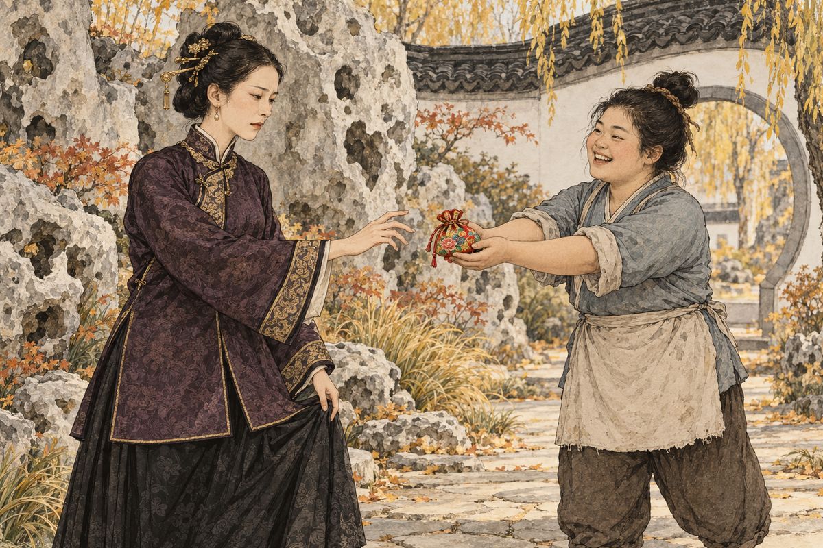 That afternoon Simple Sister, a rough-work maid too innocent to understand what she held, found an embroidered pouch behind a rock while catching crickets. Its needlework showed two naked figures embracing. Laughing, she held it out to Lady Xing, who went pale, clutched it tight and hid it in her sleeve. "Never tell a soul, or you'll be beaten to death."