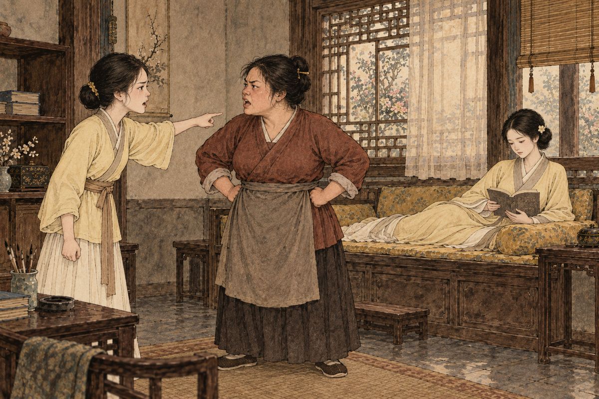 Lady Xing then scolded Yingchun for letting her nurse shame them. Afterwards Xiuju reported that Yingchun's gold phoenix hairpin was gone, pawned by the nurse for gambling stakes. The nurse's daughter-in-law barged in, begging and then accusing. Yingchun would not quarrel; she simply picked up a book of moral tracts and read as if she heard nothing, until Tanchun and Ping'er stepped in.