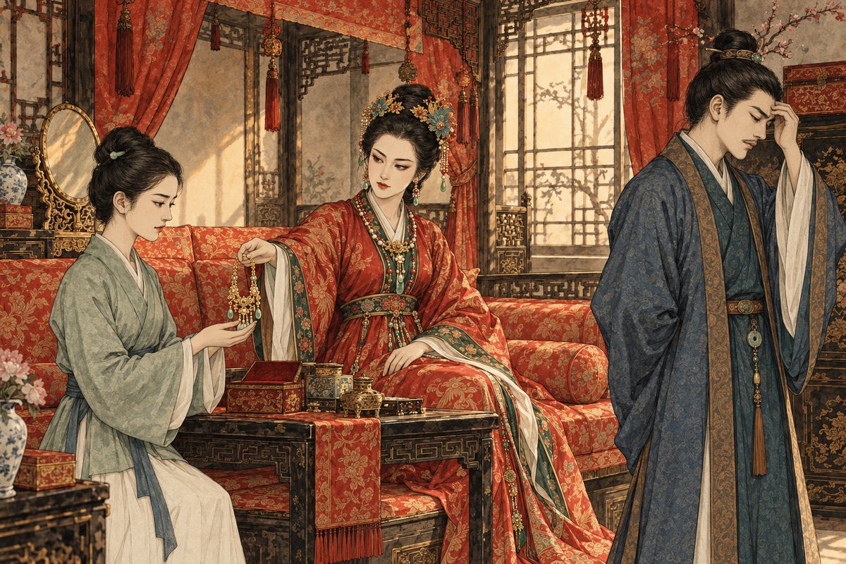 Money troubles were pressing too. Lady Xing had learned that Jia Lian borrowed from Grandmother Jia's valuables, and demanded two hundred taels of him for the Mid-Autumn festival. Unable to find the sum, he came home sighing, and Xifeng told Ping'er to fetch her gold necklace and pawn it to pay.