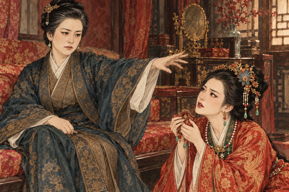 Then Lady Wang arrived, dismissed everyone, and in tears flung the pouch before Xifeng, sure it belonged to her and Jia Lian. Xifeng knelt by the kang and calmly argued her innocence: the work was cheap market embroidery, and many younger women came into the garden. Lady Wang relented, and they agreed to search quietly.