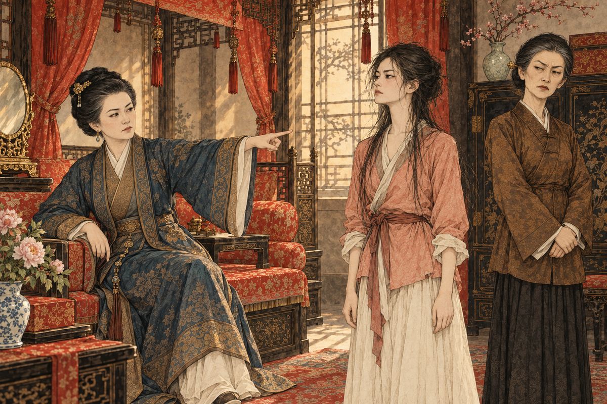 Lady Xing's servant, Wang Shanbao's wife, joined the inquiry and seized her chance, accusing Qingwen of flirting and putting on airs. Lady Wang sent for the girl, who came just out of her sickbed with her hair loose. "Quite the beauty—a real ailing Xi Shi!" Lady Wang said coldly. Qingwen claimed she seldom waited on Baoyu, and Lady Wang drove her out in tears.