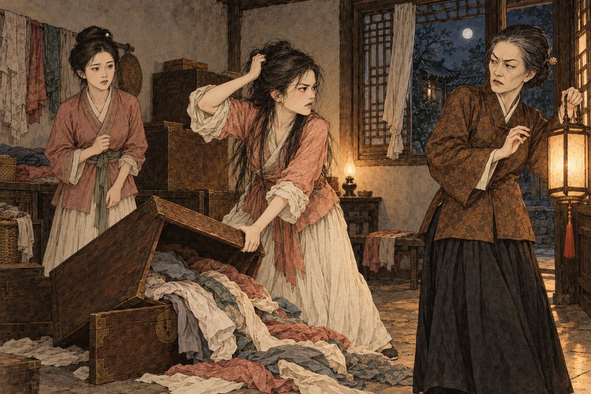 Wang Shanbao's wife then proposed a surprise night search of every maid's chest, and Lady Wang agreed. After dark, with the garden gates locked, Xifeng led the searchers into Happy Red Court. When they reached Qingwen's trunk, she burst in with her hair gathered up in one hand, flipped it open and poured everything onto the floor.
