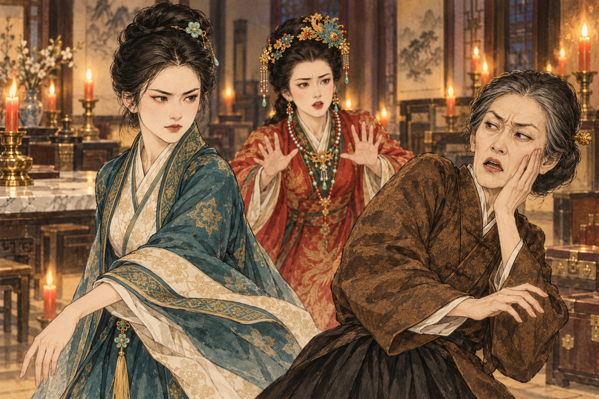 Tanchun, forewarned, waited with every candle lit and her chests thrown open, but would not let them touch her maids. When Wang Shanbao's wife lifted Tanchun's jacket as a joke, Tanchun slapped her across the face. "What are you, to dare pull at my clothes!" Xifeng and Ping'er hurried to calm her.