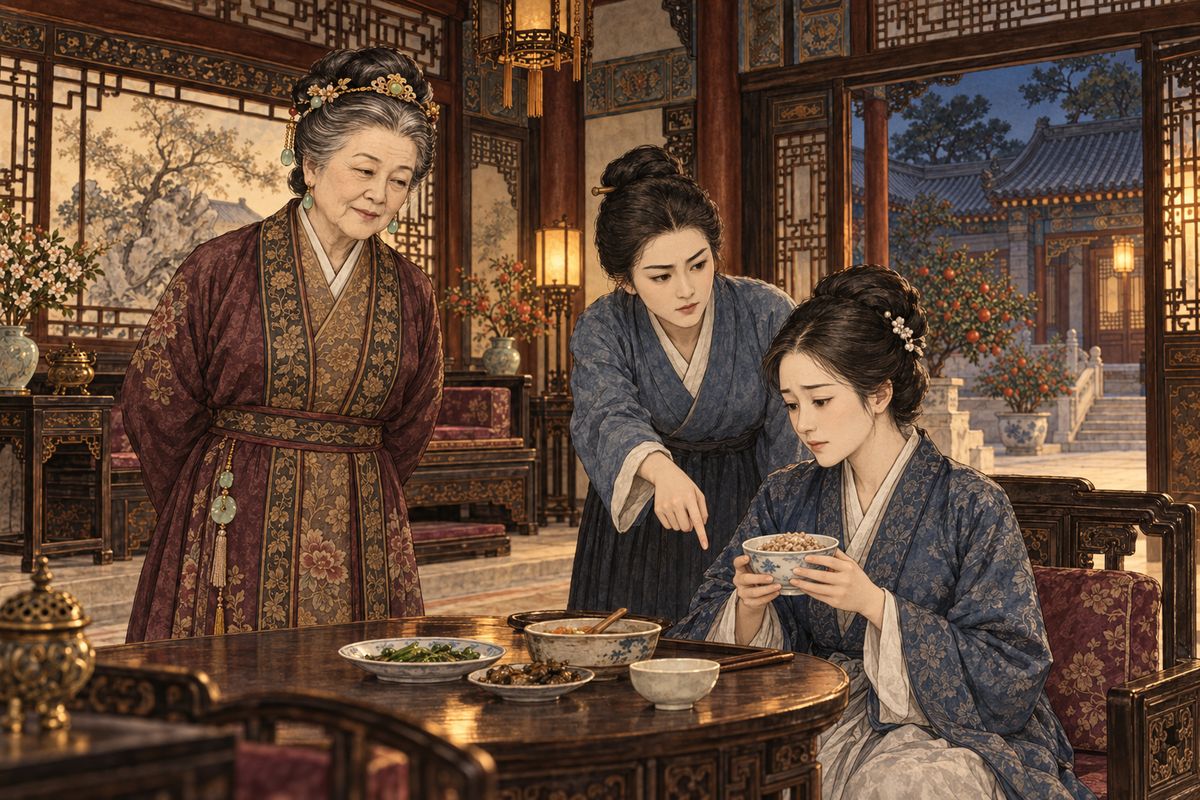 News came that the Zhen family had been stripped of everything they owned and summoned to the capital for trial, and Baochai quietly moved home to her mother. At supper there was not enough fine rice to go round, and You-shi was handed a servant's coarse bowl. 'Even a clever wife can't make porridge without rice,' Grandmother Jia joked.