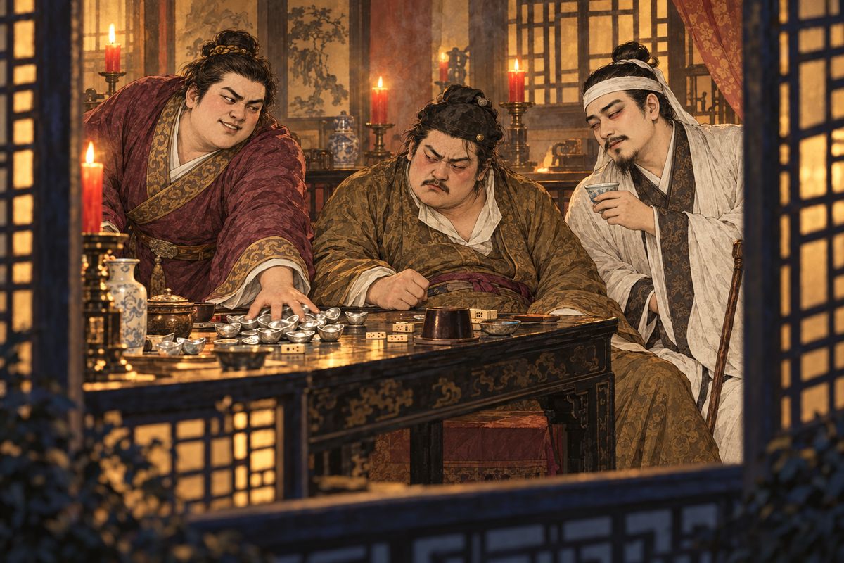 Returning to the Ning mansion at night, You-shi crept past the windows where Jia Zhen, in mourning and barred from music, had turned archery practice into nightly gambling. Inside, Xue Pan whooped over his winnings, while Lady Xing's drunken brother, Xing Dequan, grumbled that even blood kin now cared only for money.