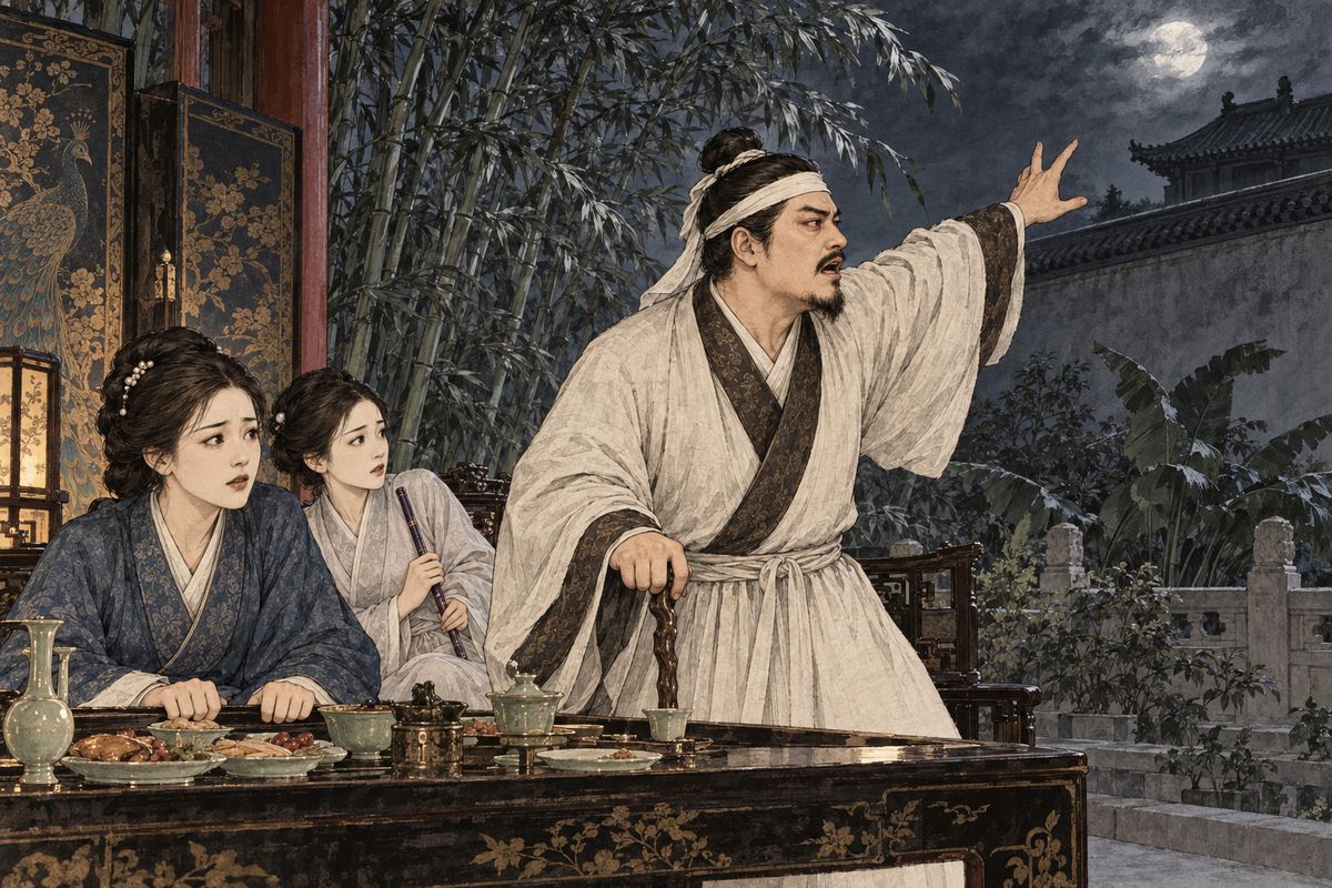On the eve of the festival Jia Zhen feasted his wife and concubines under the moon while Peifeng played the flute. Near midnight a long sigh came from beyond the wall that backed onto the ancestral temple, where nobody lived. A cold wind swept over, temple doors seemed to creak, and the moon dimmed. 'Who's there?' Jia Zhen shouted. No one answered.
