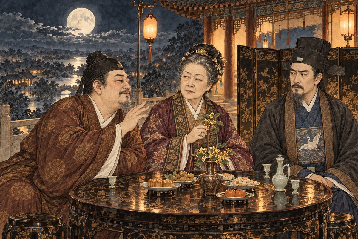 On the fifteenth the family climbed to Convex Emerald Lodge and sat at round tables for reunion, passing an osmanthus sprig while a drum beat. Jia Zheng told a joke, and the boys wrote verses. Then Jia She told of a quack who treated a mother's heart by needling her ribs: 'Most parents' hearts lean to one side.'