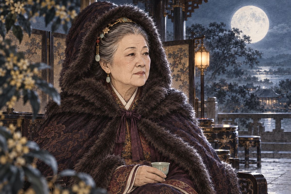 Grandmother Jia said she might need that needle herself, and Jia She hurried to toast her. When the men had gone, she had a lone flute played far off under the osmanthus. As the night deepened the notes grew slower and more desolate, and the old lady, full of wine and memories of fuller years, wept silently.