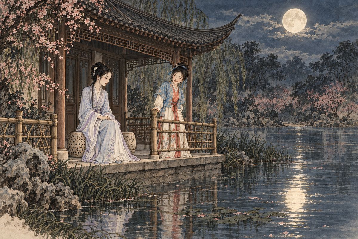 Daiyu, hurt by talk of families gathered together, had slipped away to weep. Xiangyun led her down the slope to Concave Crystal Lodge beside the water. With one moon in the sky and another in the pool, they counted the railing posts to choose a rhyme and began a linked poem, line answering line, while the distant flute played on.