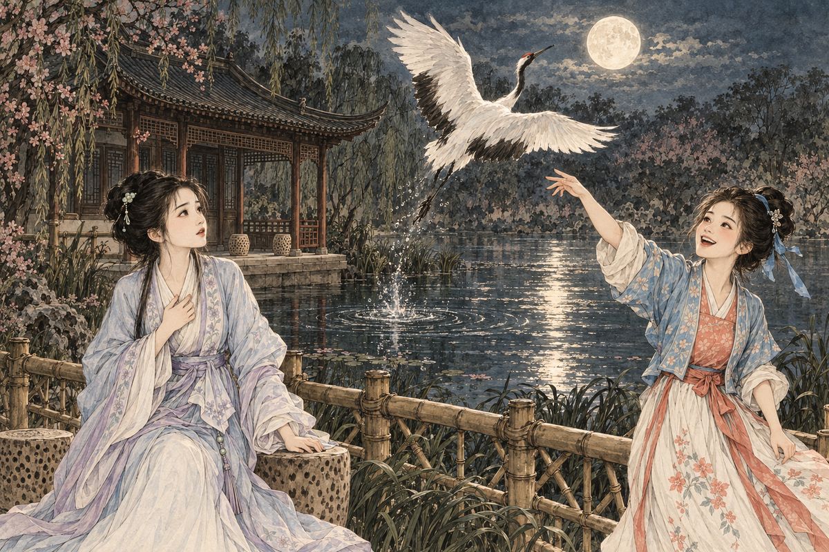 As the rhymes grew harder, a dark shape stirred in the reeds. Xiangyun threw a pebble, and a white crane burst up and flew off over the water. She seized her line at once, a crane's shadow crossing the cold pool. Daiyu gazed at the sky a long time, then answered: 'The cold moon buries the flower's soul.'