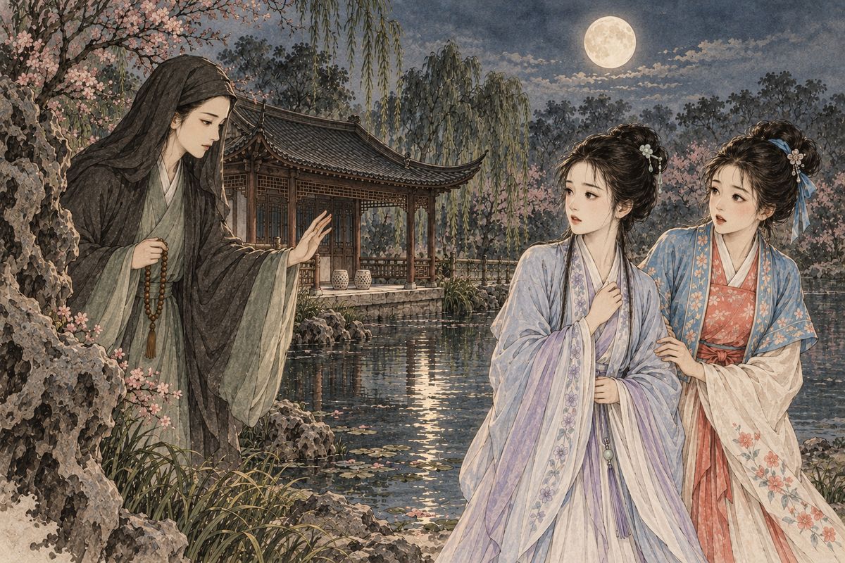 Miaoyu stepped out from behind the rocks. The lines were fine, she said, but too bleak, and such words touch on a person's fate, so they should go no further. She took them to her nunnery for tea, wrote out the poem and ended it on a brighter note. Back at Bamboo Lodge, the two girls lay awake until dawn.