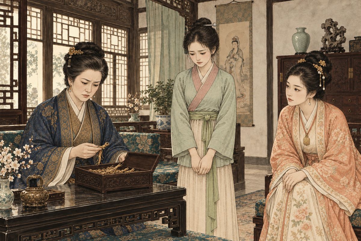 With autumn under way, Lady Wang needed two ounces of good ginseng for Xifeng's pills, yet the household's stores held only thin roots and crumbs. Even Grandmother Jia's hoard had rotted with age. Baochai quietly offered to have her family's shop buy whole, genuine roots. “Here is a house that gave the best away,” Lady Wang sighed, “and now we must beg for it.”