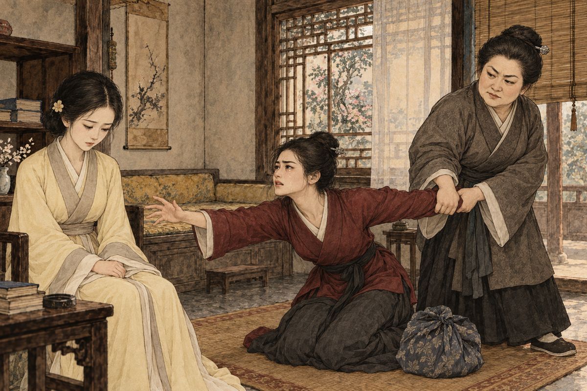 Then Lady Wang turned to the evidence from the Garden raid. Zhou Rui's wife came for Siqi, Yingchun's maid, and ordered her to pack. Siqi had begged her mistress to shield her, but timid Yingchun only wept: “We must all part some day.” Xiuju ran after Siqi with a keepsake from Yingchun, and the women hurried her out through the back gate.