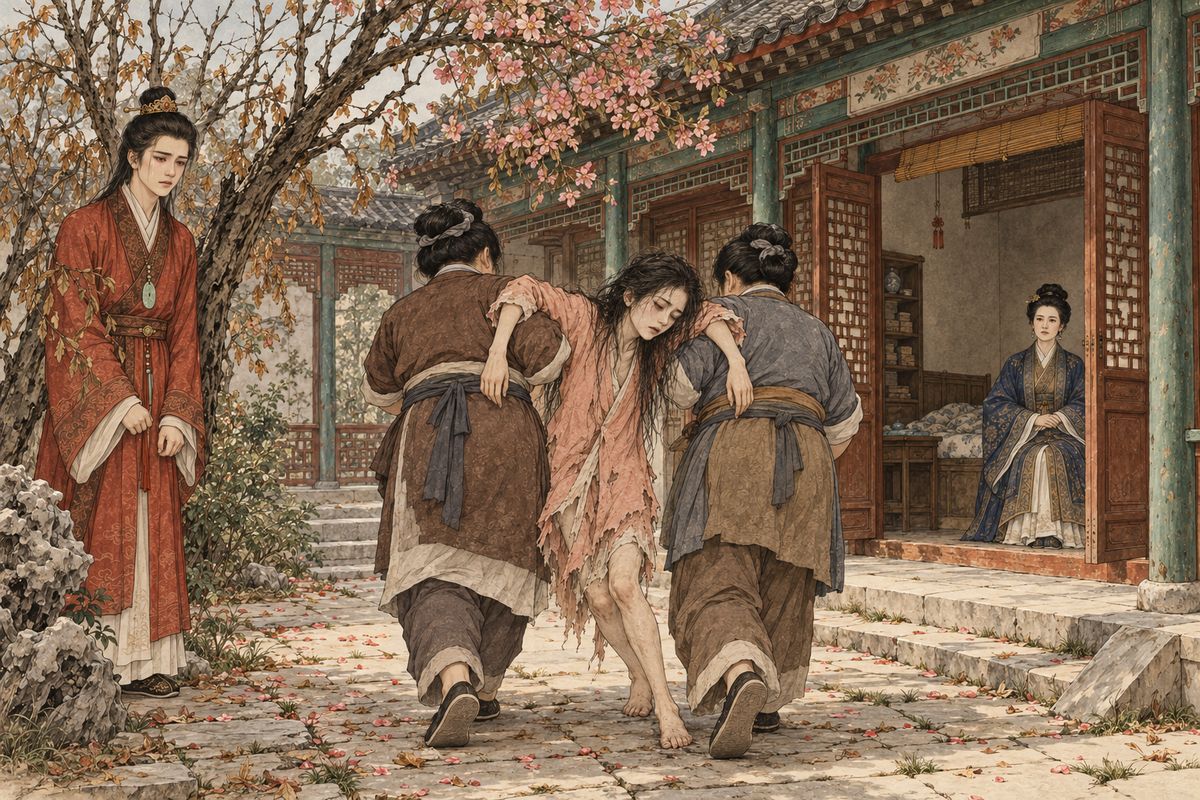 Baoyu watched Siqi go and ran home to find his mother already seated in Happy Red Court, grim with anger. Qingwen had not eaten for days. Now she was dragged from her sickbed, hair uncombed and face unwashed, and carried out between two women. Only the clothes on her back went with her. Fangguan and Sier were dismissed the same afternoon.