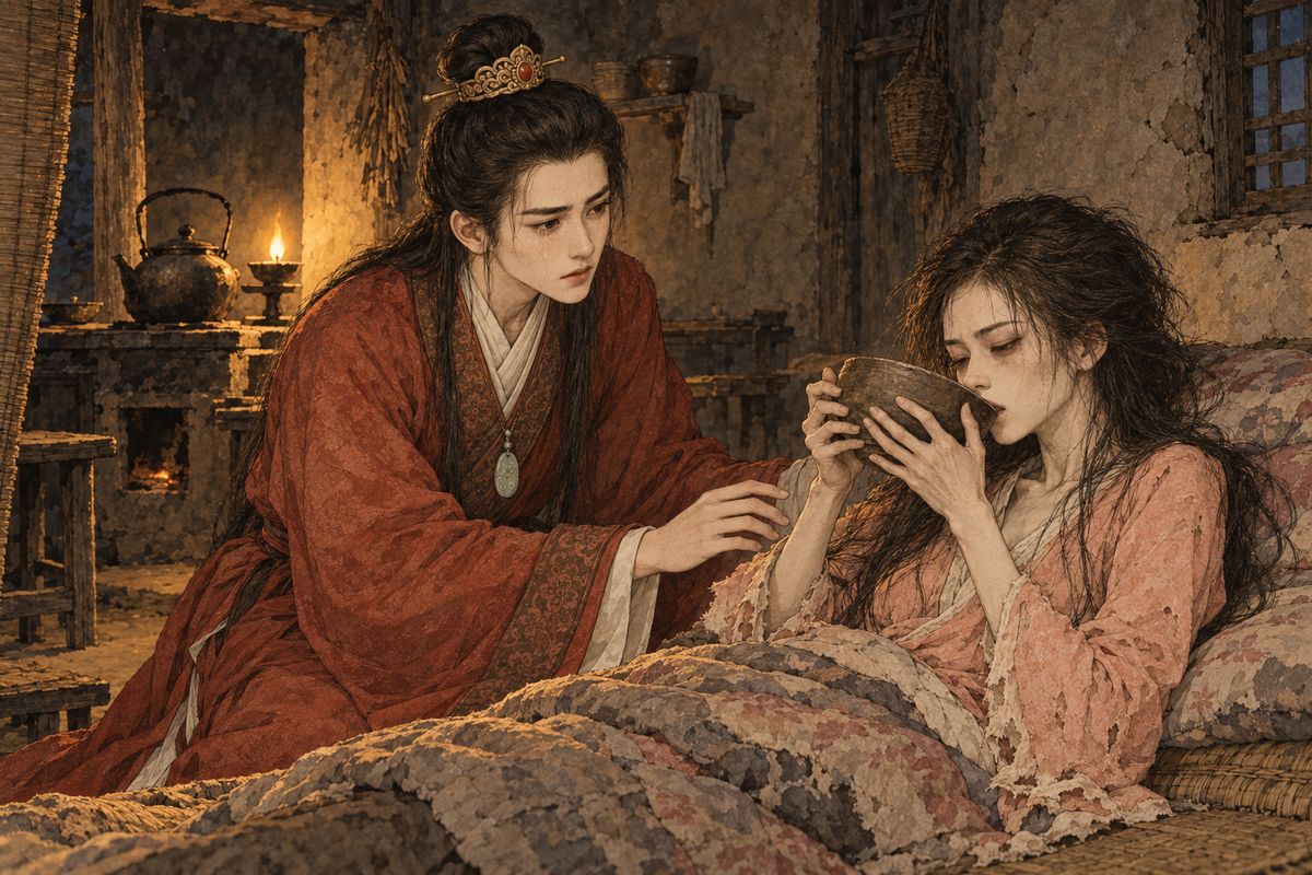 That night Baoyu bribed an old woman to lead him to the hut of Qingwen's drunken cousin. Qingwen lay alone on a reed-mat kang. She begged for tea; the only bowl was coarse and smelled of grease, and the brew was bitter red water. She drank it like nectar, then wept: she had never seduced him, yet was condemned as a fox spirit.