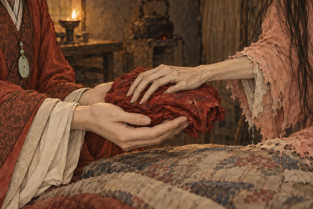 Her wrist was thin as a dry stick. With scissors she cut off two long nails from her left hand, then drew off the old red silk undershirt she wore next to her skin. “Keep these, and it will be as if you see me,” she said. Baoyu put on the shirt and gave her his own jacket to be buried in.