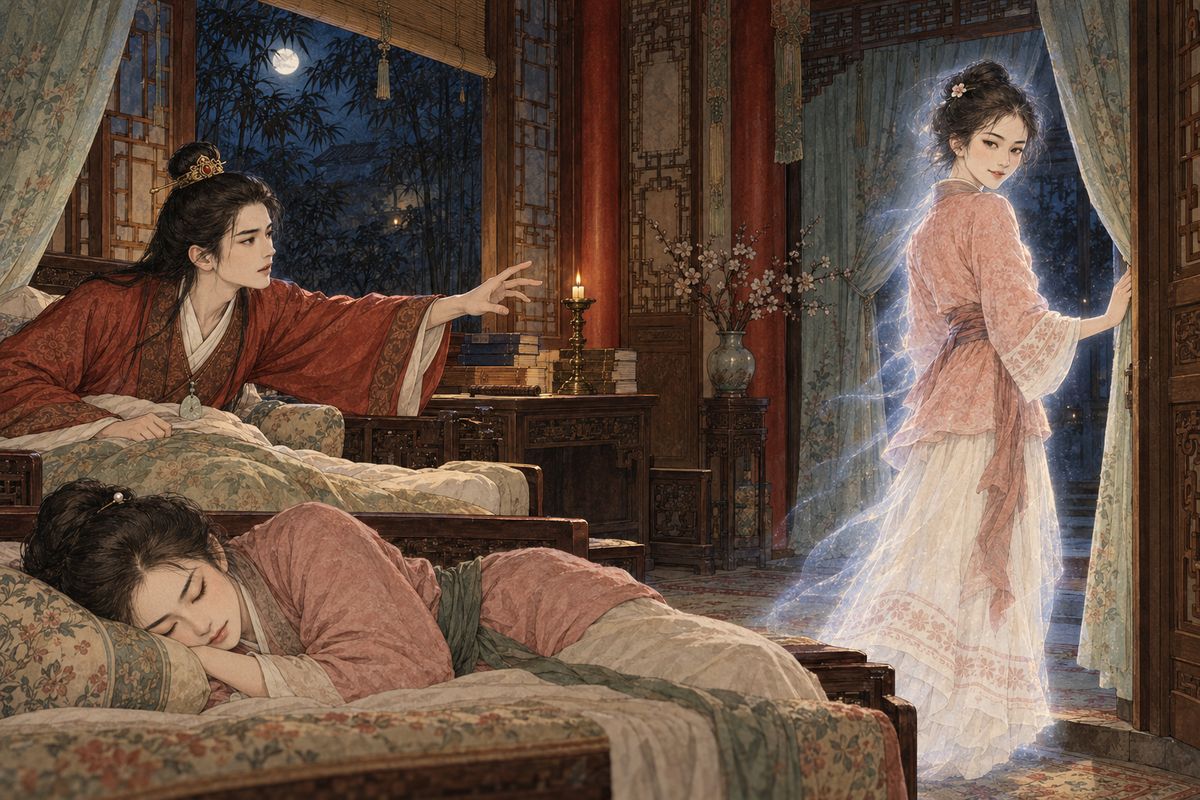 Back in Happy Red Court, Xiren moved her bedding to the outer bed where Qingwen used to sleep. Baoyu tossed until the fifth watch. Then Qingwen walked in, looking just as she always had, and smiled: “Take good care of yourselves. I am leaving you now.” She turned and was gone. Baoyu woke crying, “Qingwen is dead.”