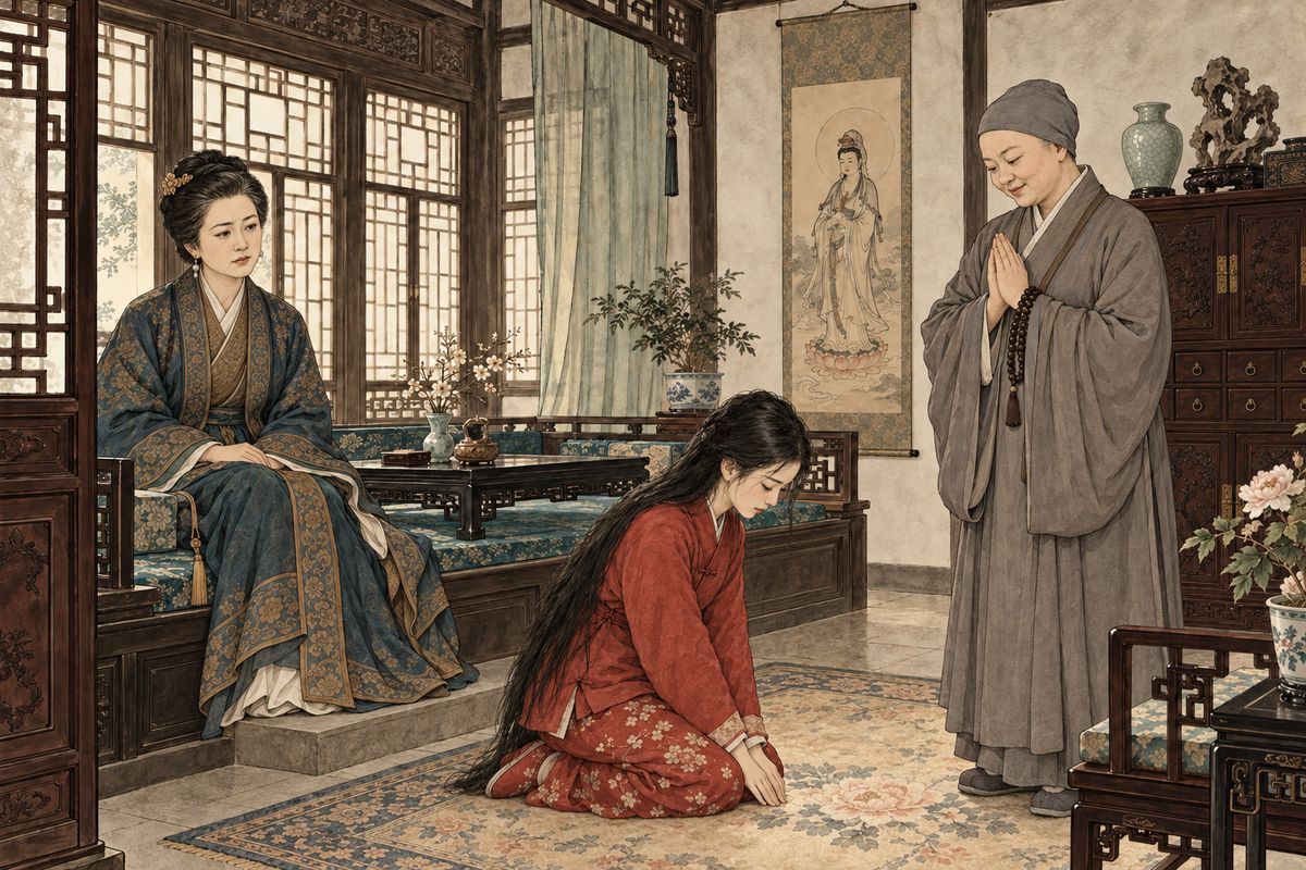 Next day Fangguan, Ouguan and Ruiguan, refusing food, swore to shave their heads. Lady Wang was ready to beat them, but two visiting nuns praised the girls' piety, hoping for unpaid servants. Too tired to argue, Lady Wang gave in. Fangguan bowed to Zhitong of Water Moon Convent; the other two followed Yuanxin. Saddened, Lady Wang sent them off with gifts.