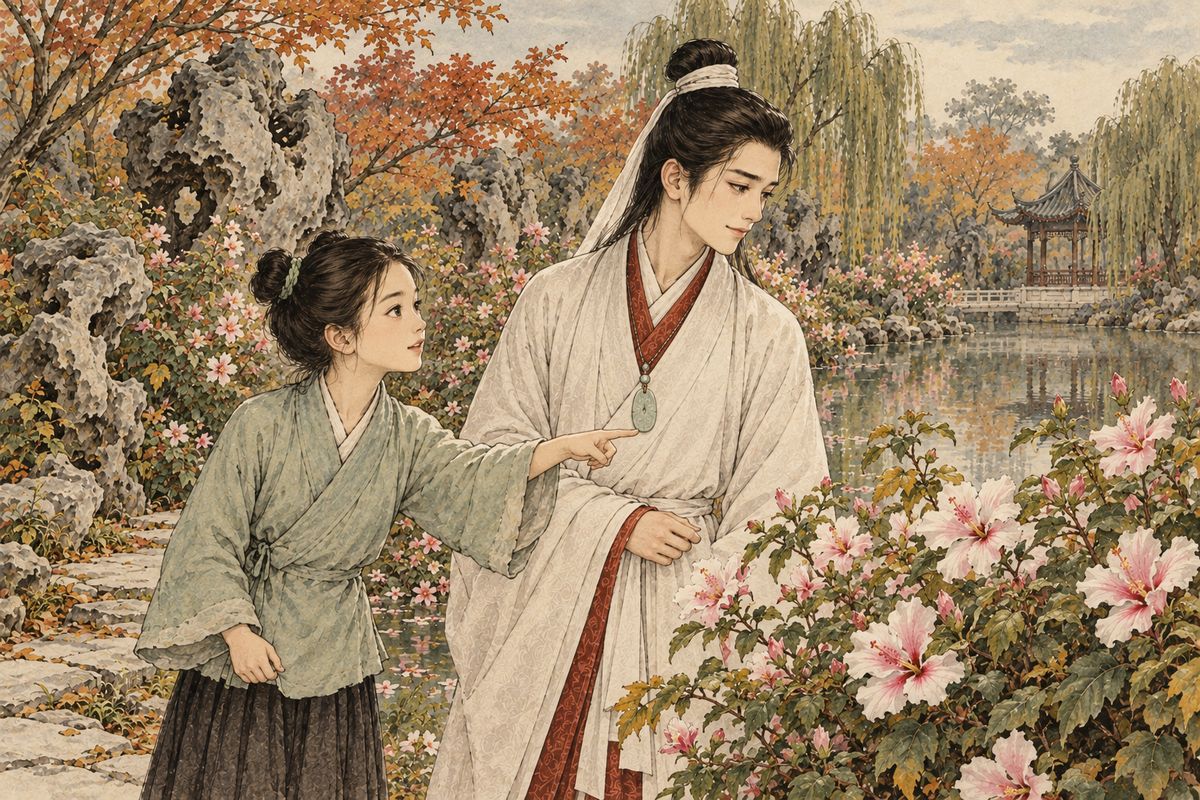 Returning from an outing with his father, Baoyu asked two little maids whom Qingwen had called for as she died. One clever girl, seeing the hibiscus in bloom by the pond, spun him a tale: Qingwen had been summoned to heaven as the goddess of the hibiscus. Instead of grieving, Baoyu brightened. “Such a flower needs such a person.”