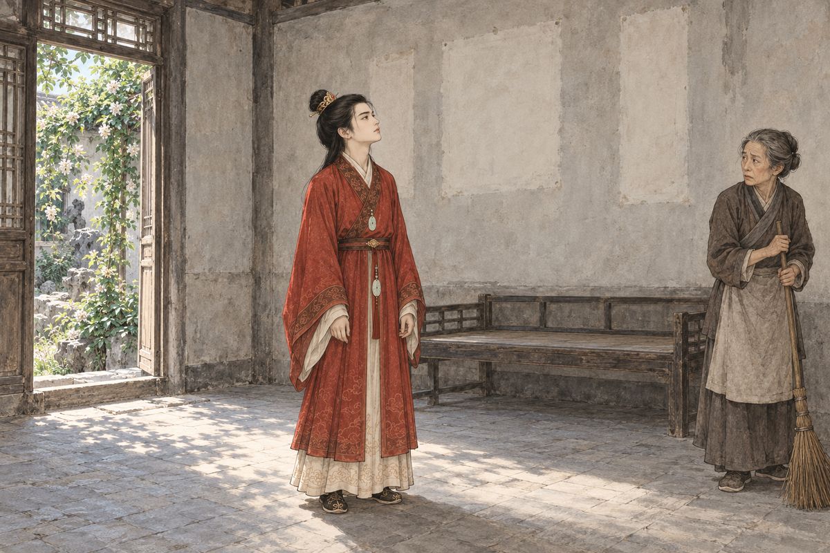 He slipped out to bow before her coffin, but the door was locked. As soon as she died her cousin had claimed the burial money, and Lady Wang had ordered the body burned at once. Wandering home, Baoyu found Baochai's rooms stripped bare; she had moved out of the Garden for good. “Is there anything so heartless under heaven?”