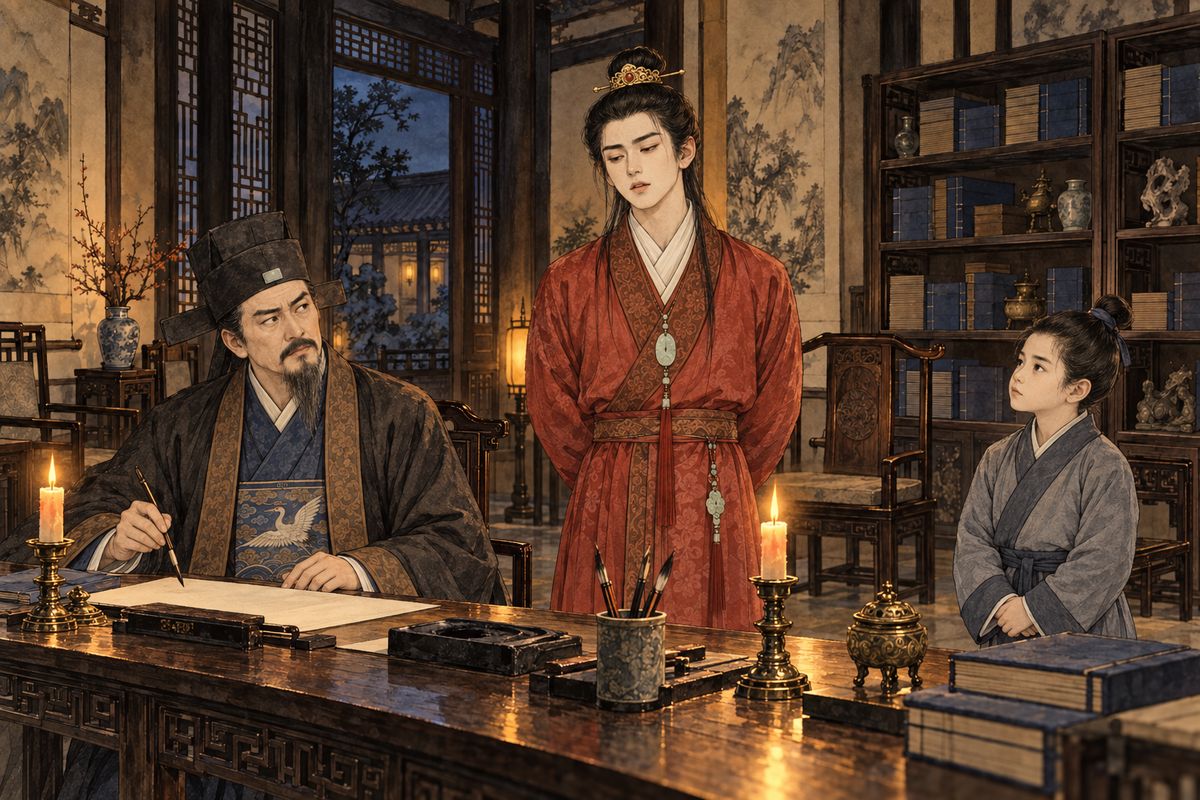 Summoned to his father's study, Baoyu found the guests composing laments for Lin Siniang, a prince's concubine who led his women warriors to die avenging him. Jia Huan and Jia Lan offered short verses; Baoyu chose a long ballad, reciting while Jia Zheng wrote it down: “Prince Heng loved arms and loved beauty too.” Jia Zheng grumbled, but let him go.