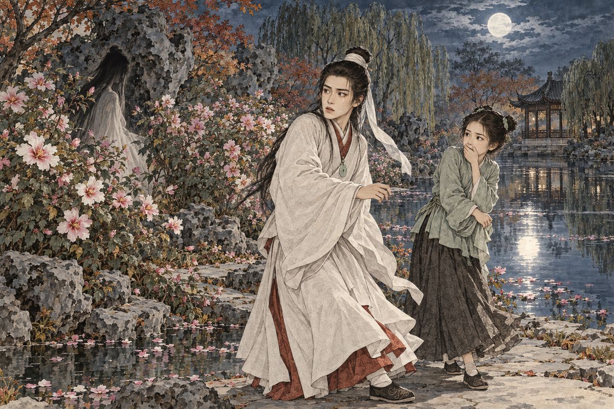 Under the moon, Baoyu hung his elegy for the Hibiscus Maiden on a flowering branch, set out four things Qingwen had loved, and read aloud through tears: “In a red silk bed-curtain, the young master loved deeply; beneath the yellow earth, the girl lay ill-fated.” As he finally turned to go, a voice laughed from the rocks, and the little maid screamed. A figure was stepping out of the flowers.