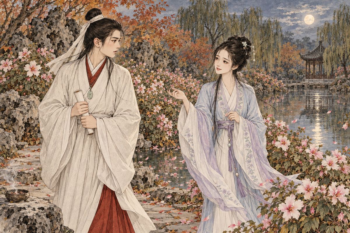 Baoyu had just finished burning his elegy for Qingwen when someone stepped out from the flowers. It was Lin Daiyu, smiling: "What a novel elegy!" She praised it, but suggested one change: the windows of their rooms were all papered with rose-coloured gauze, so why not write "beneath the rose-gauze window"?