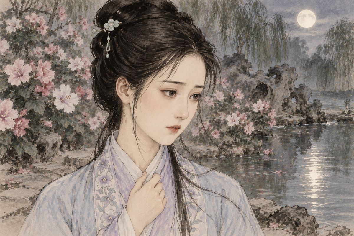 Baoyu kept revising, and at last offered: "Beneath the rose-gauze window I had no fate with you; under the yellow earth, how cruel your lot." Daiyu went pale. Doubts crowded her heart, but she only smiled and praised it. Then she told him that his cousin Yingchun had been promised in marriage, coughed in the cold wind, and went home.