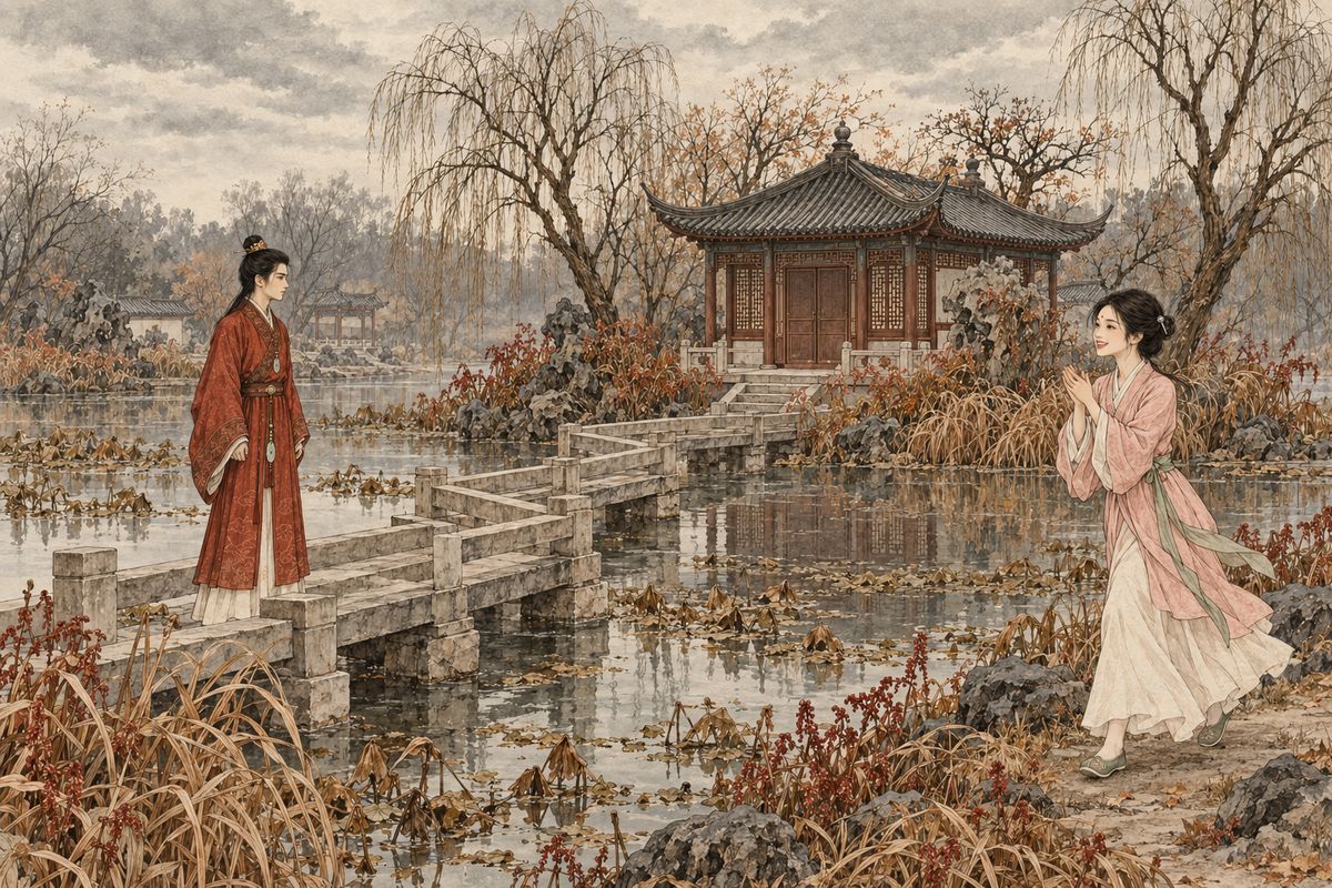 Jia She married Yingchun in haste to Sun Shaozu, a soldier's grandson who owed the family favours. Baoyu haunted her empty rooms on Purple Caltrop Isle. There Xiangling found him, glowing: Xue Pan was to marry the Xia heiress, and she would have another poet for company. Baoyu said he feared for her; she took offence and left. Soon he fell ill and was kept indoors for a hundred days.