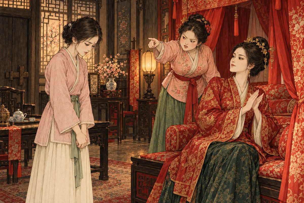 The new wife, Xia Jingui, was pretty, spoiled and ruthless. She soon had Xue Pan cowed, and turned to Xiangling. Water-caltrop has no fragrance, she scoffed, so the name made no sense. When Xiangling praised the scent of osmanthus, Jingui's own forbidden name, her maid Baochan cried out, and Jingui smiled and renamed her Qiuling.
