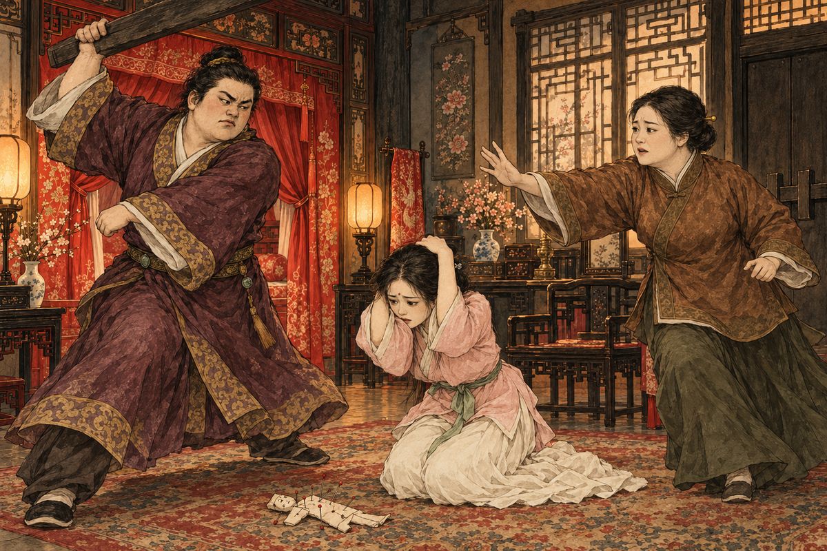 Jingui gave Baochan to Xue Pan and tormented Xiangling night after night. Then a paper doll pierced with five needles and bearing Jingui's birth signs was shaken from her pillow. Xue Pan snatched up a door bar and beat Xiangling. Aunt Xue stopped him and threatened to sell the girl, but Baochai took Xiangling to serve her instead.