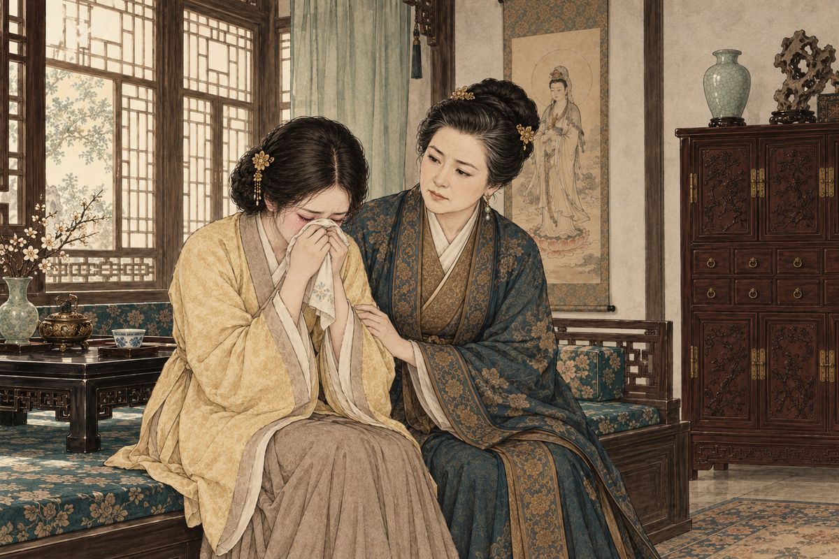 Xiangling wasted into a lingering sickness at Baochai's side. When Baoyu was well again he visited a temple, where the quack "Plaster Wang" joked about a pear soup to cure jealousy: "When you're dead, what's left to be jealous of?" Back home, Yingchun was weeping to Lady Wang. Sun Shaozu drank, gambled and chased every maid, and said her father had sold her to him for five thousand taels.